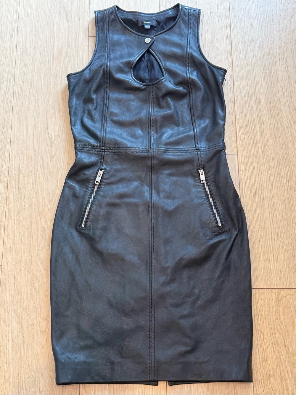 RARE Diesel Black 100% Sheepskin Leather Bodycon Dress Size S Designer Y2K - Picture 4 of 10